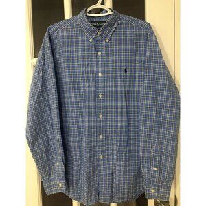 Ralph Lauren Casual Dress Shirt Men's Large Classic Fit Blue Plaid Button Down